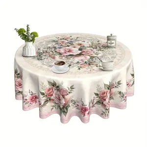 EastJia Round Elegant Valentine's Day Tablecloth Vintage Rose Floral Pattern Durable Easy to Clean Perfect for Party Dining Home Decor Machine-Made Ideal for Celebrations