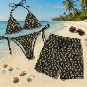 Rubber Duck Bikini and Beach Shorts Set, Funny Duck Print Matching Swimwear, Couples Summer Vacation Swimsuit Gift