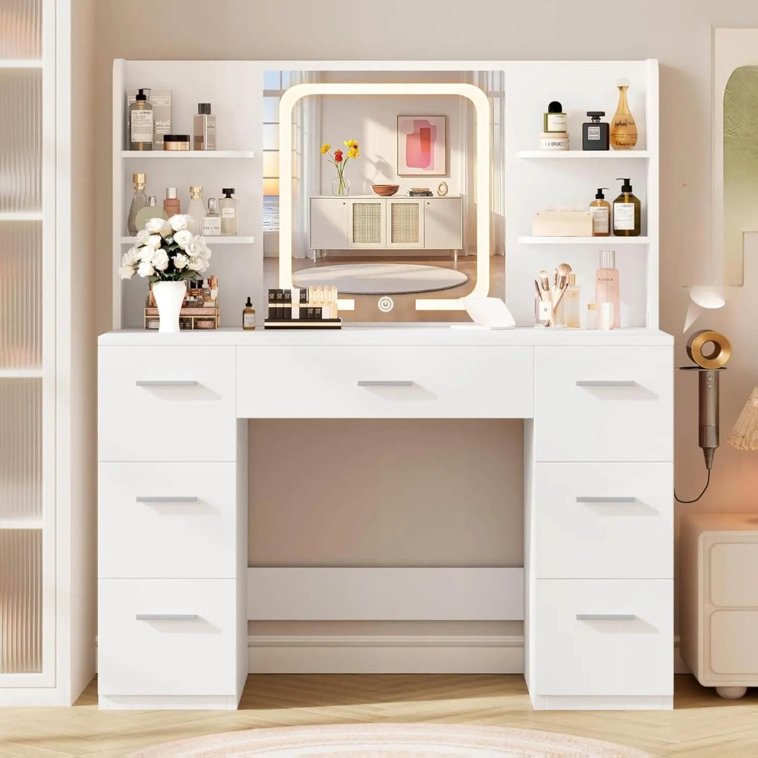 【Summer Turn Up】WeCharmer Large Modern LED Vanity Dresser, White Indoor Makeup Vanity Desk (43.3in Wx15.7in Dx53.2in H, Smart LED Mirror, 4 Open Shelves, 7 Drawers, Hairdryer Rack, Power Outlet) [DealsforYouDays], Modern Makeup Vanity