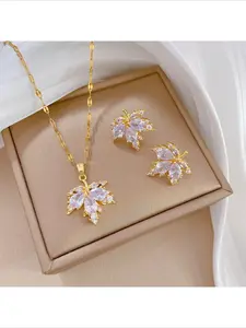 Fashion Titanium Steel Necklace Earrings Combo Full Diamond Maple Leaf Design Light Luxury Banquet Jewelry Set Hypoallergenic Elegant