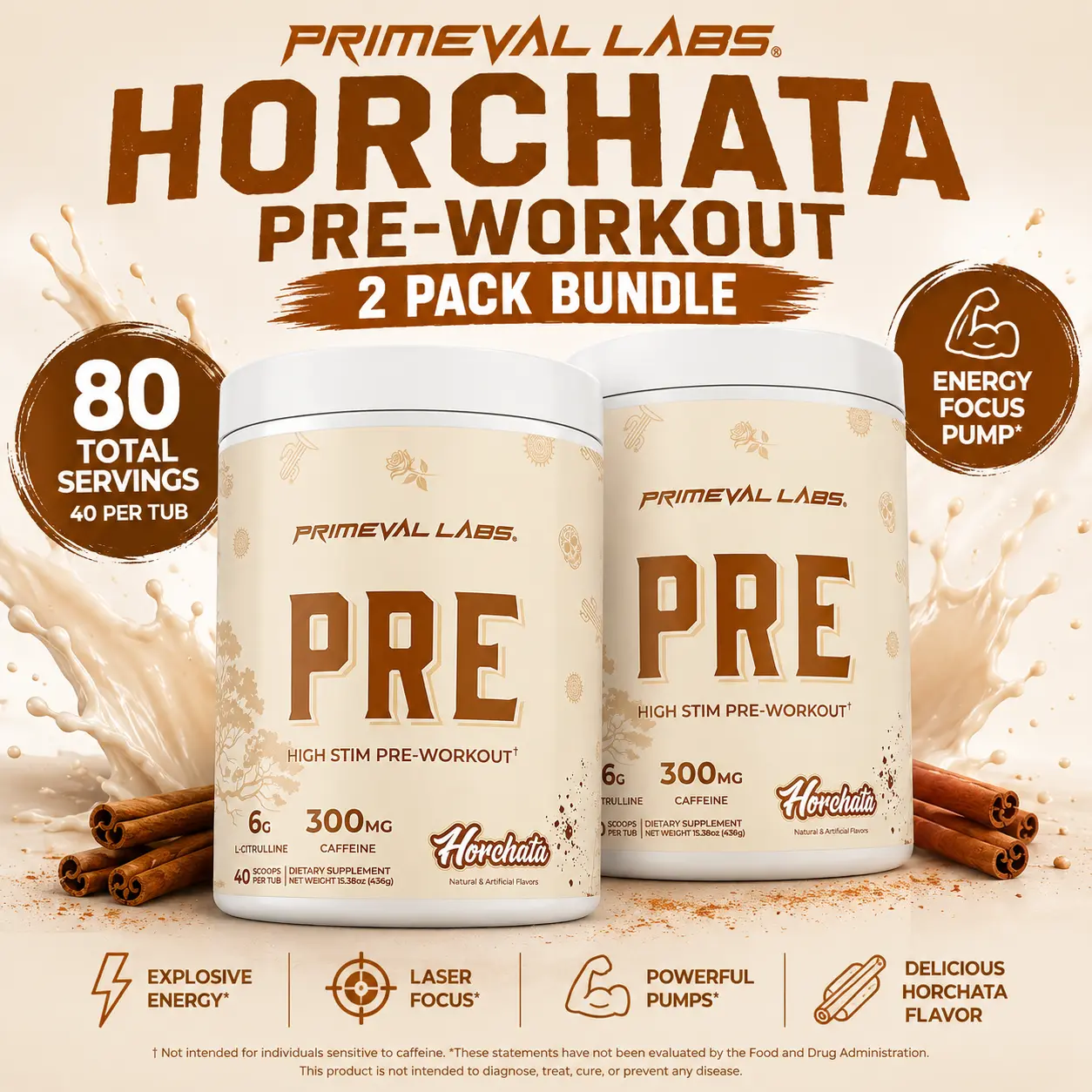 Primeval Labs Horchata PRE-Workout 2 Pack Bundle – 80 Servings | High Stim Pre Workout Powder | Energy, Focus & Pump | Horchata Flavor | Gym & Fitness Supplement
