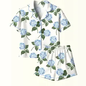 Women’s Hydrangea Bloom Blue Hydrangea Watercolor Flower Short Sleeve Satin Pajama Set, Long Sleeve Satin PJS