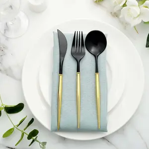 24-Pack Plastic Flatware Set 8" Black with Gold Handle - Modern Heavy Duty Disposable Silverware