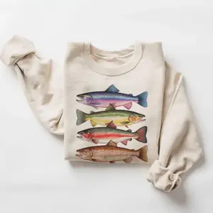 Abstract Colorful Trout In A Row Sweatshirt, River Fish Trout Species Outfit, Fly Fishing Gift, Boho Unisex Crewneck Sweatshirt