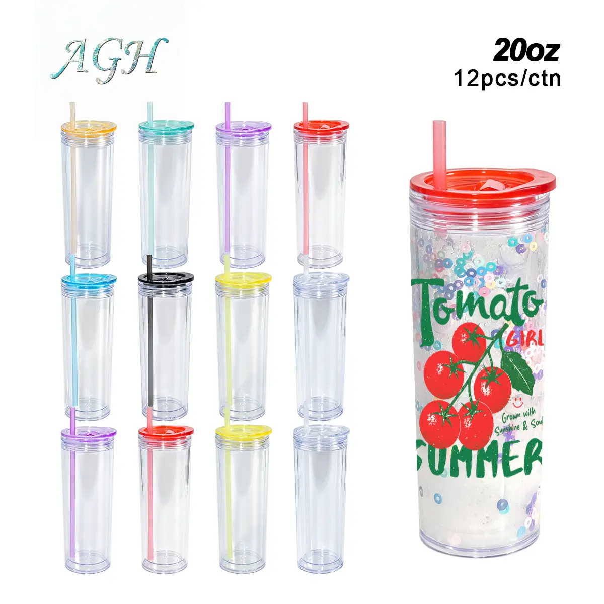 AGH New story cups 12pcs/ctn 20oz double wall plastic skinny snow globe with Pre Drilled Hole Plug, mixed color