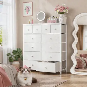 Raybee Furniture 12 Drawers Dresser, Tall Fabric Storage Dresser for Bedroom with Wood Top & Metal Frame, Large Capacity Chest of Drawers & Space Saving Organizer, Multi-Functional Modern Home Organization Furniture for Living Room, Hallway, Closet