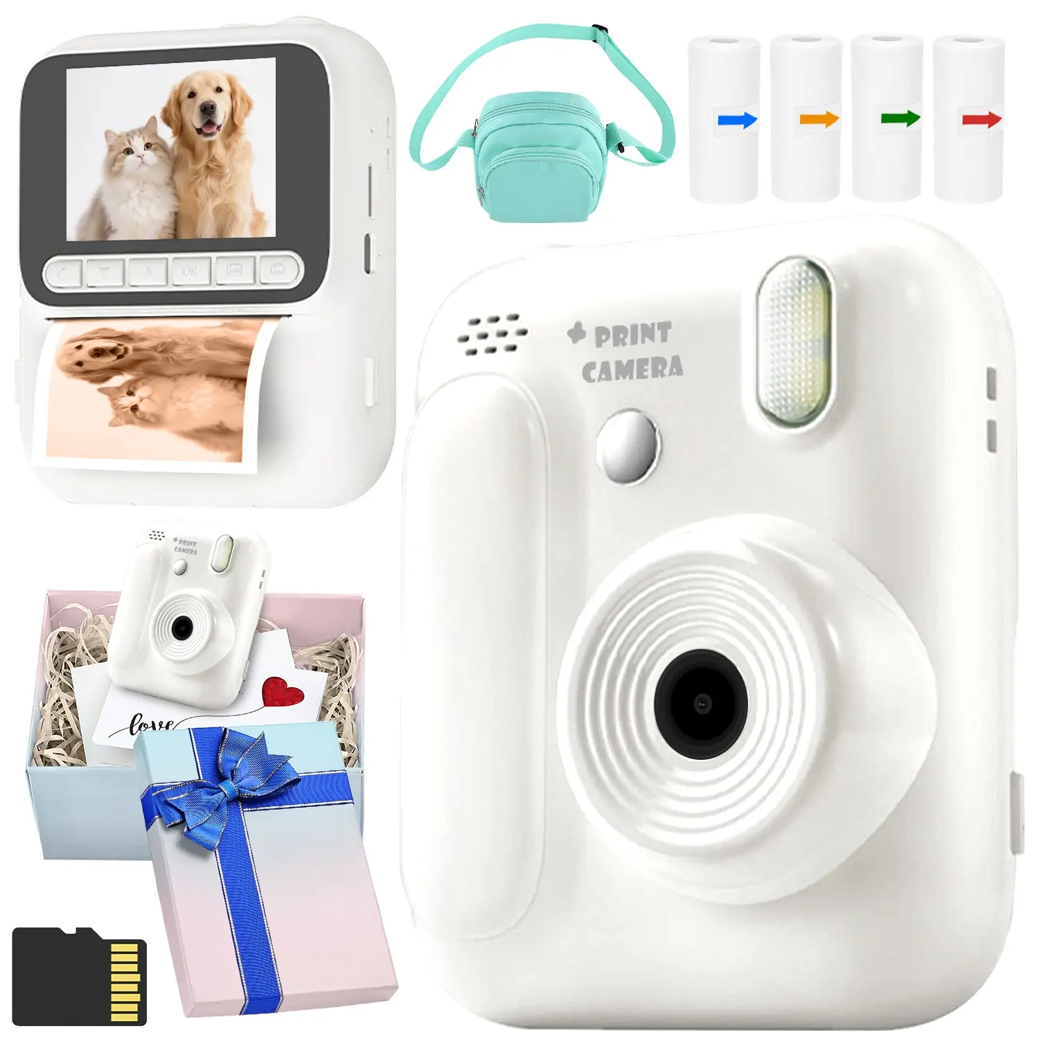 Instant Print Camera, 1080P Webcam, 4800mp Ultra-Clear Photos, Portable, 1080P Video, 8x Zoom, Timelapse, Gift Idea, Blue, 1300mah Battery