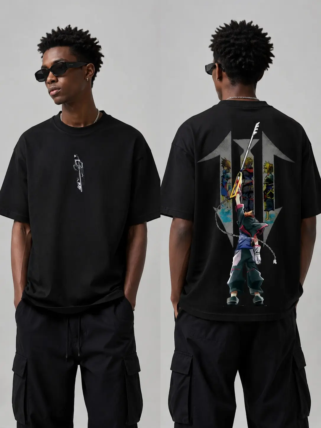 KINGDOM HEARTS SORA Unisex 2-Sided Washed Cotton Round Neck Short-Sleeve T-Shirt - 90s Graphic Tees, Graphic Print, Streetwear, Black Casual Menswear Top