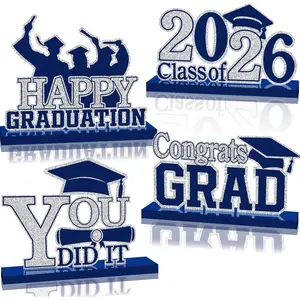 4Pcs Class of 2026 Graduation Decorations Wood Table Centerpieces Congrats Grad Wooden Sign Table Toppers Tiered Tray Decor for Graduation Party Navy Blue-Silver