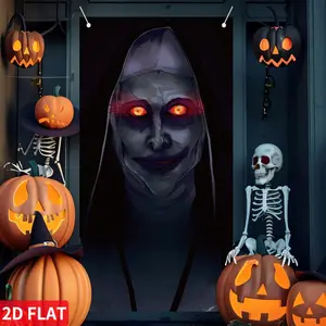 1pc 2D FLAT Halloween Party Fag Banner Backdrop Horror Killer Creepy Scary Zombie Nun Terror Ghost Theme Decorations Decor for Front Door, Outdoor/Indoor Decoration for Yard, Fence, Party Backdrop - Durable Polyester Fabric