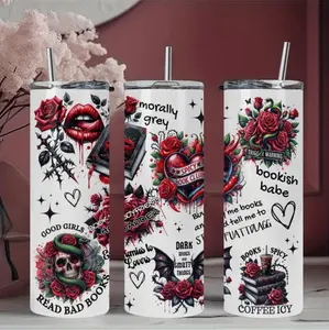 20 Ounce Insulated Stainless Steel Tumbler Featuring Gothic Skull Rose and Book Design Ideal for Coffee Lovers and Perfect Gift for Book Enthusiasts