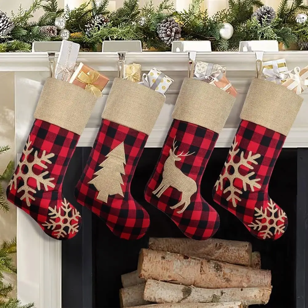 Christmas Stockings Decorations 4 Pack, 18 inches Red Black Buffalo Plaid Xmas Ornaments, Rustic Cotton Linen with Embroidered Burlap, DIY Personalized Farmhouse Decor for Home Family Party Tree
