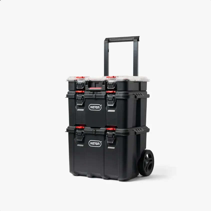Keter Stack-n-Roll 3 Piece Durable Resin Rolling Tool Box System Tool Storage and Organization Ideal For Garage and DIY, Black, mechanic tools, rolling toolbox, garage organizer, portable storage