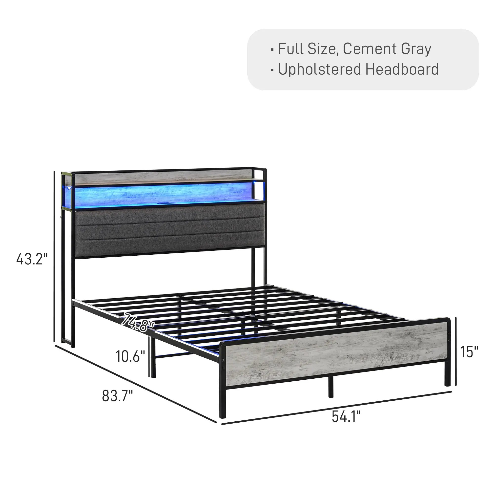 Cement Gray+Full Size+Upholstered Headboard