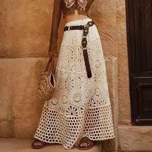 Woman's High Waist A-line Ankle Length Crochet Maxi Skirt, Breathable Pure Cotton Hollow Out, Retro Bohemian Western American Style, Body Inclusive, Summer Casual Skirt for Beach Vacation Music Festival Picnic Street Outing Boho Lace Long Skirt