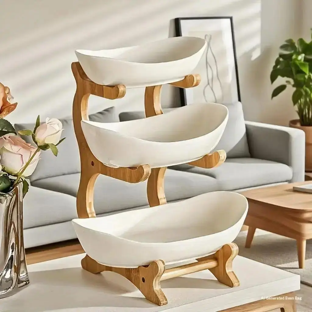 Colorful Fruit Basket Set with Bamboo Stand, Plastic Bowls, Cake Stands, Biscuit Plates, Dessert Table Display Riser for Candy Buffets, Perfect for Weddings & Parties