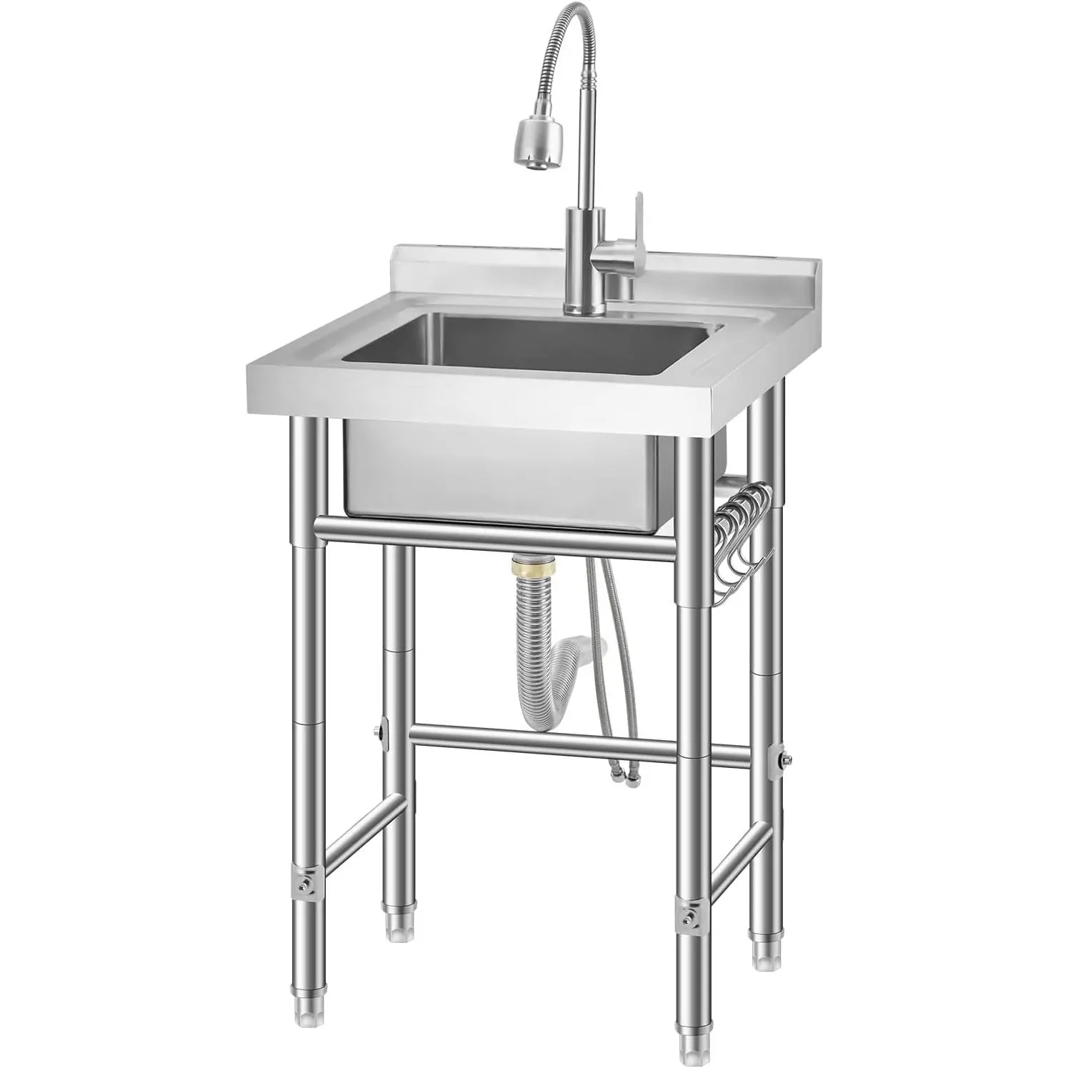 Durable Stainless Steel Free-Standing Utility Kitchen Sink - Single Bowl, Compact Design, Adjustable Legs, Faucet, Hot & Cold Pipes, Hook for Garage, Food Truck Use