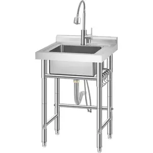 Stainless Steel Free Standing Utility Sink - Single Bowl with Adjustable Legs, Faucet, Hot & Cold Pipes, Hook