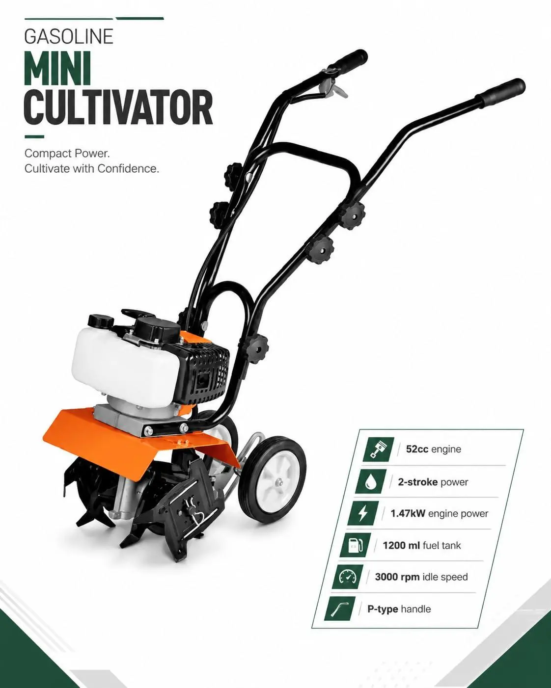 GT520 52CC Gas Powered Tiller Cultivator, 2 Stroke Heavy Duty Soil Cultivation Machine with 4 Adjustable Steel Front Tines, High Performance Rototiller for Lawn and Field Use