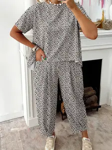 Women's Fashion 2-Piece Leopard Print Outfits - Comfortable Short-Sleeve High-Low Loose Tee & Ankle-Length Pants Set, Everyday Casual Loungewear with Pockets, Stylish Design