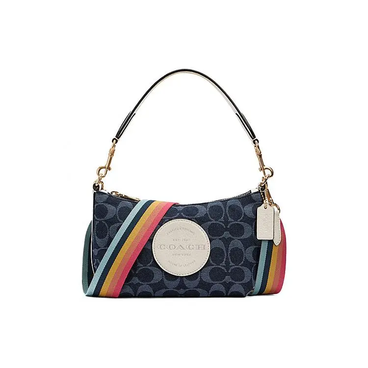 COACH Dempsey 18 Classic Monogram Logo Jacquard Rainbow Strap Fabric Leather Shoulder Bag For Women Crossbody Purses Bag Handheld Bag Purse