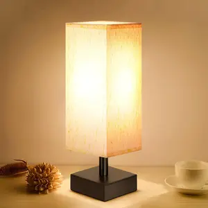 Small Table Lamp for Bedroom - Bedside Lamps for Nightstand, Minimalist Night Stand Light Lamp with Square Fabric Shade, Desk Reading Lamp for Kids Room Living Room Office Dorm