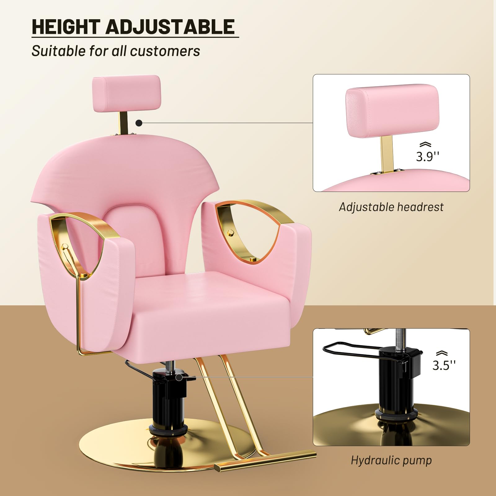 Reclining Salon Chair with Hydraulic Pump and 360° Swivel is a barber chair for hair stylist tattoo lash makeup braiding in black and gold