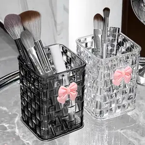1pc Acrylic Makeup brushes Holder with Decorative Bow ,Large Capacity Transparent Desk Organizer , Cosmetic storage box,Multi-Functional Storage for Office Supplies, Markers, and Stationery, desk storage makeuporganizer storage box container