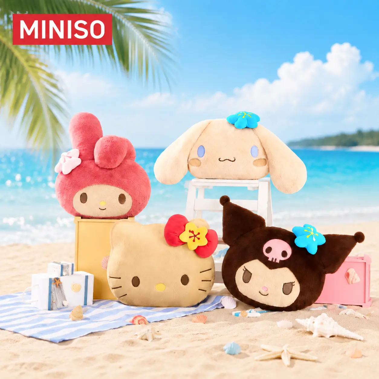 MINISO Sanrio Summer Tanned Series No.18 Head-Shaped Plush Pillow, Hello Kitty Stuffed Cushion, Soft Plush Material, Home Sofa Decor, Collectible Gift For Sanrio Fans, Back to School Gifts