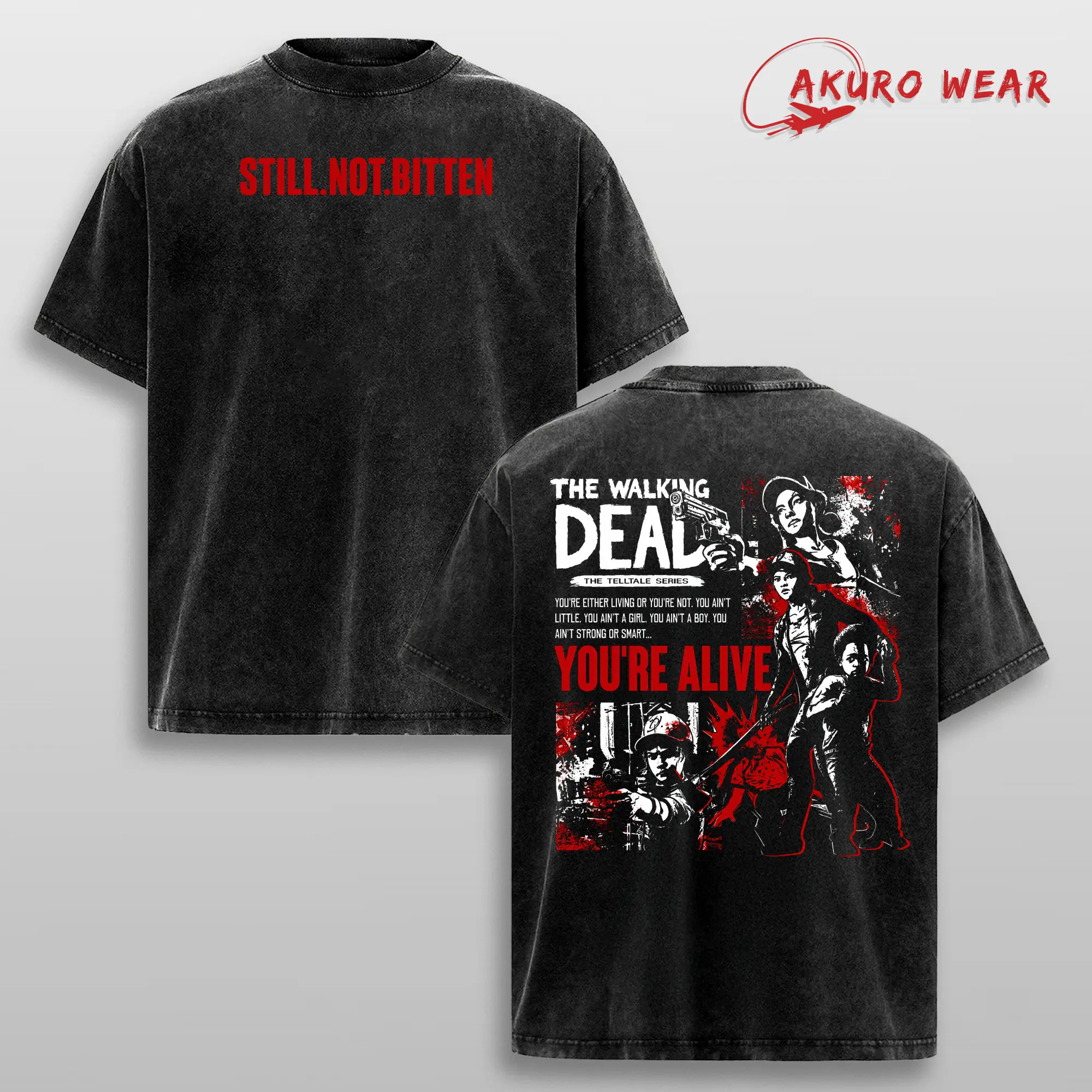 The Walking Dead Telltale Series Acid Wash Oversized Gamer Tee Zombie Apocalypse Streetwear Heavy Cotton Shirt