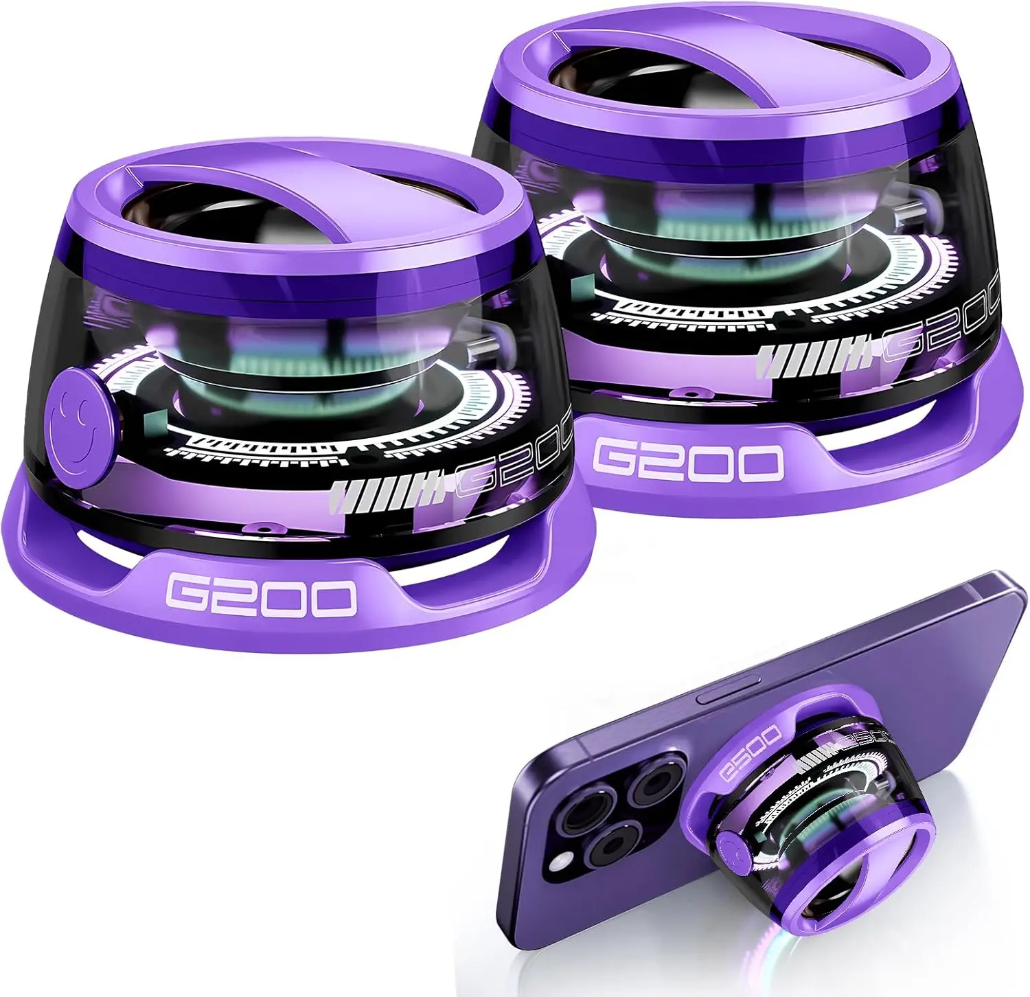 2 Pcs Transparent G200 Magnetic Bluetooth 5.0 Stereo Speakers - Waterproof Mini Portable Cable-Free Speakers with RGB Light, 3D Surround Sound, 7H Playtime, Smartphone Stand for iPhone Android, Watch Party Christmas Gift for Teens, Purple