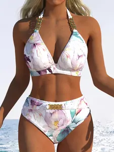 Patterned Bikini Set with Chain Decoration, High-Waisted Design, Casual Slim-Fit, Perfect for Beach Vacations, All-Season Wear, Floral Print Bikini