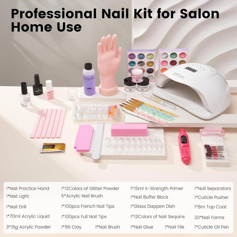 Acrylic Nail Kit for Beginners: Monomer Acrylic Nail Liquid Powder with Practice Hand U V Light Drill French Tips for Nail Starters with Everything Home Salon Gift Set (White)