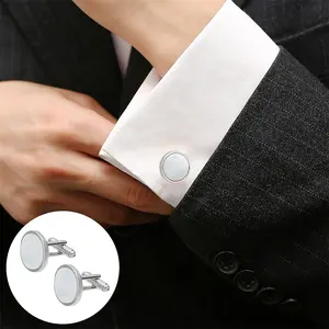 White Shell Cufflinks Unisex with Alloy Findings "Flat Round"
