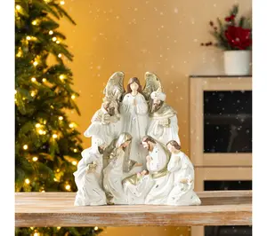 Glitzhome 13"H Ivory and Gold Resin Nativity Figurine
