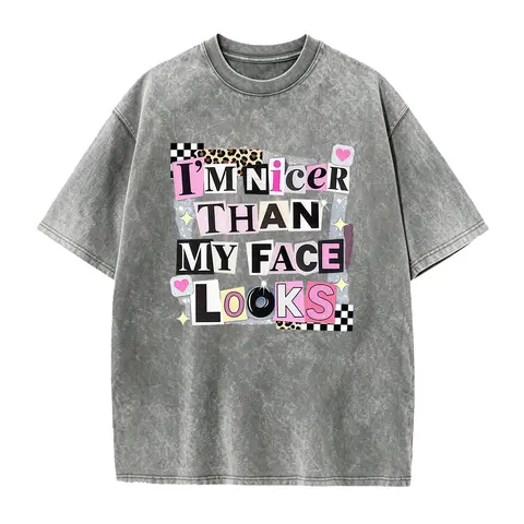 Men's Cotton Seamless Solid Round Neck Short-Sleeve Graphic T-Shirt - Loose Casual Top with Funny Sarcastic "I'm Nicer Than My Face Looks" Slogan, Soft Fabric, Smooth, Foldable, Machine Washable, All-Season Custom-Made Menswear