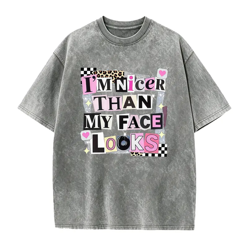 Men's Cotton Seamless Solid Round Neck Short-Sleeve Graphic T-Shirt - Loose Casual Top with Funny Sarcastic "I'm Nicer Than My Face Looks" Slogan, Soft Fabric, Smooth, Foldable, Machine Washable, All-Season Custom-Made Menswear