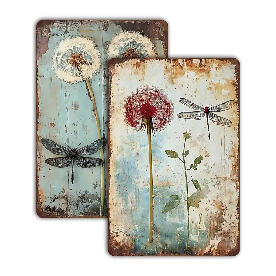 2pcs Vintage Garden Print Dandelion Dragonfly Metal Wall Decor Set, Art Work for Wall Decor, Unique Artwork, Rustic Kitchen Cafe Garage Decoration, Multi-Scene Hanging Plaques, Home Bar Restaurant Outdoor Ornaments, Decoration Items