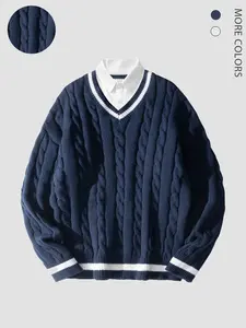 Men's Preppy Style Shirt Collar Long Sleeve Knit Sweater, Casual Fitted Design, Perfect for Fall & Winter Outdoor Wear