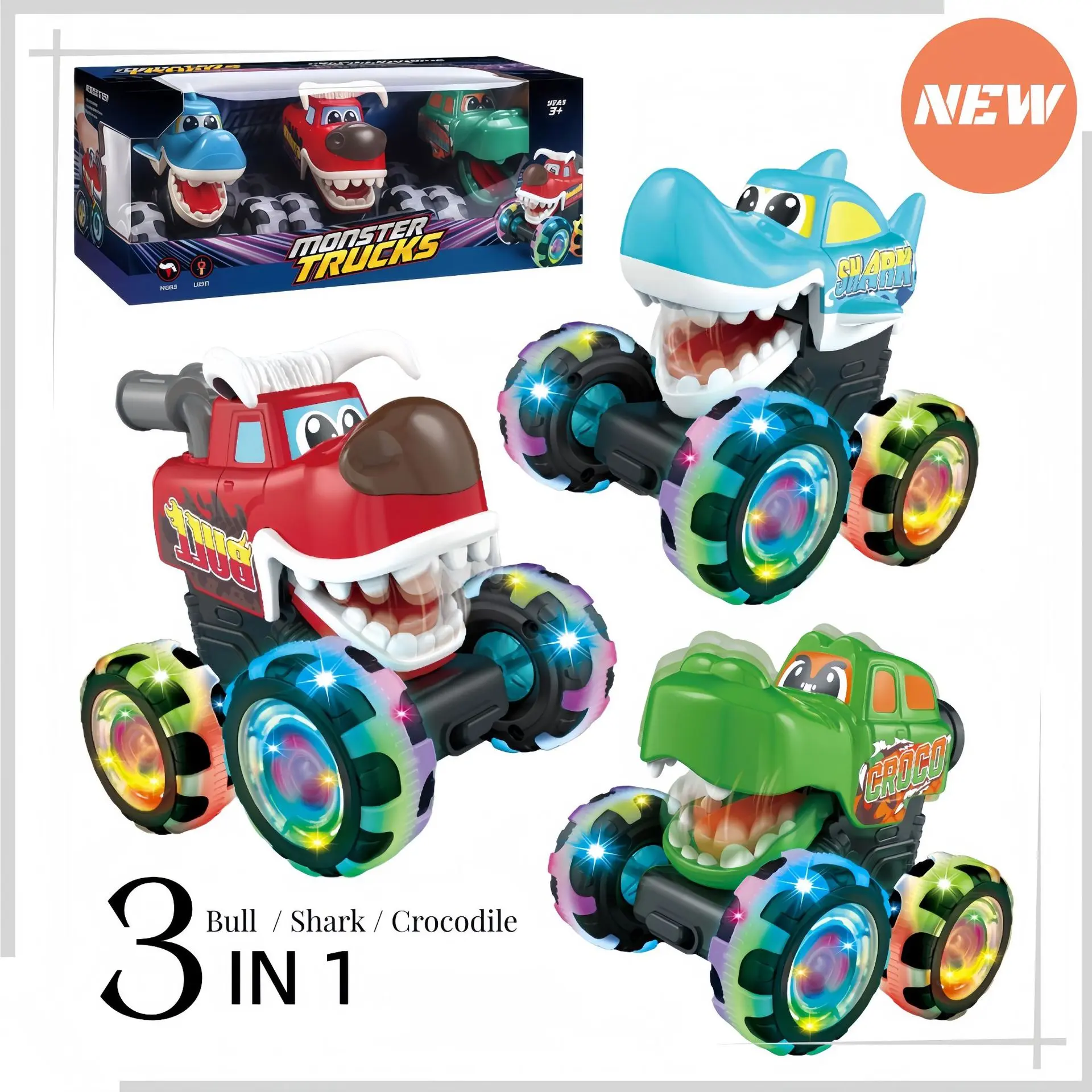 Inertia-Powered Press-and-Go Dinosaur Monster Truck, Cool Light-Up Stomper Stunt Vehicle, Friction Toy Car, Unisex Toy Gift for Kids Age 3-6