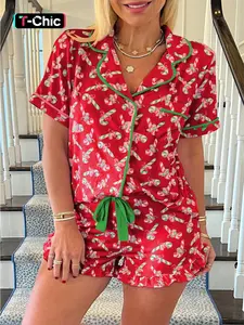 2 pieces of ladies' Christmas cane candy printed short sleeved shorts sleepwear set with buttons, collars, bows, suitable for comfortable and casual home wear in all seasons Pajama Set