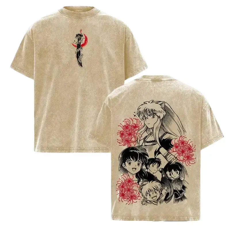 Inuyasha Anime Vintage Washed Oversize Cotton T-Shirt, Kagome Sesshomaru Manga Graphic Tee, Retro Y2K Japanese Anime Streetwear, Double Print Back Graphic Fan Shirt Oversized Stylish