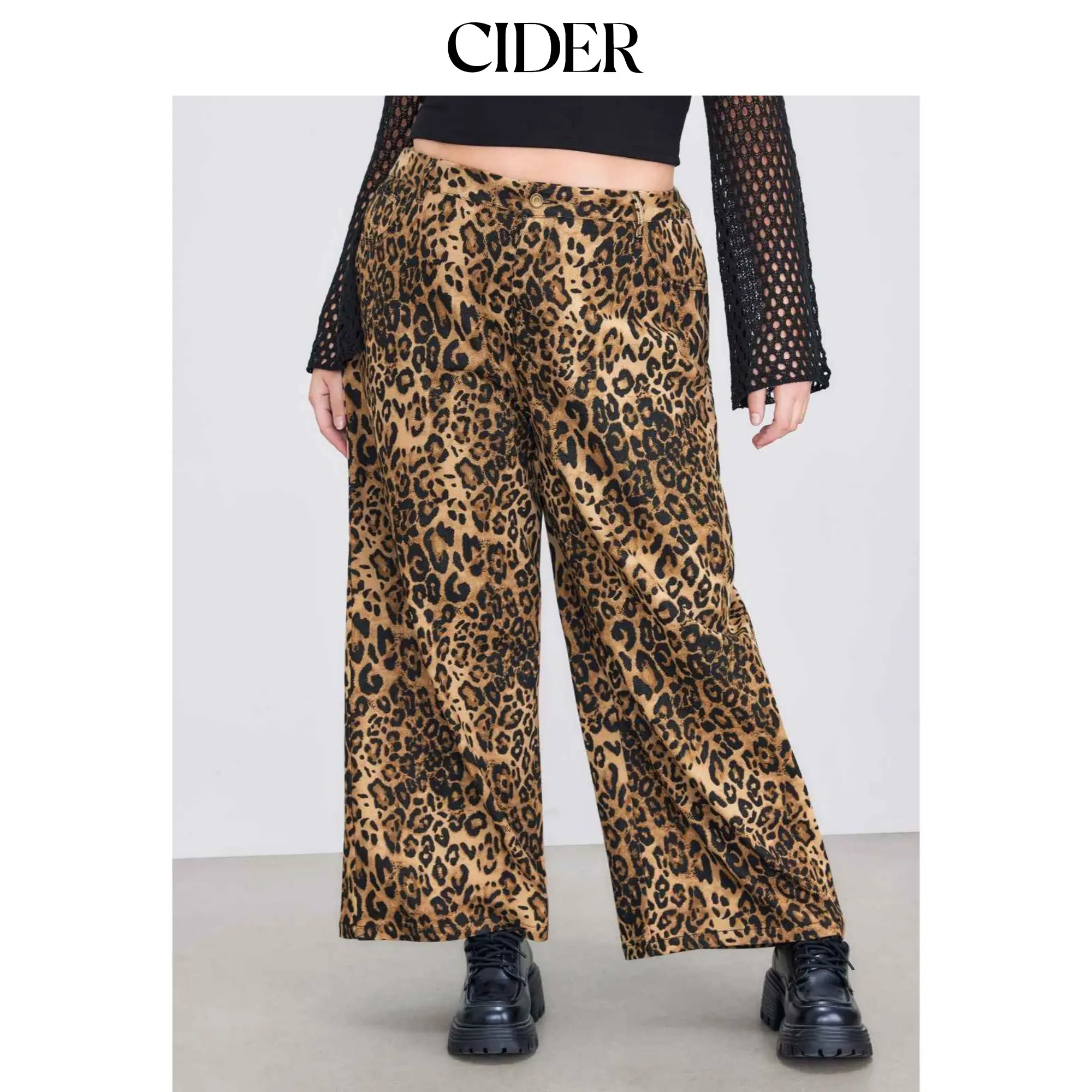 Cider Mid Rise Leopard Pocket Wide Leg Trousers Curve & Plus, Plus Size Basics, Mid Rise Pants, Button, Cotton, Fashion, Loose-Fitting, Plus Sizes, Chic Curve Pants