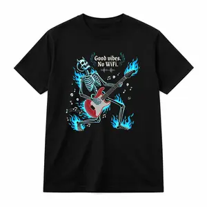 HAGBDH Good Vibes No Wifi Skeleton Guitar Graphic Cotton T-Shirt, Unisex Funny Rock Music Tee, Gothic Skull Print Shirt for Casual Streetwear Halloween Outfit