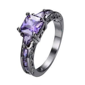 Fashion Square Ring for Women with Purple Amethyst CZ, Black Gold Plated Birthstone Band for a Wedding