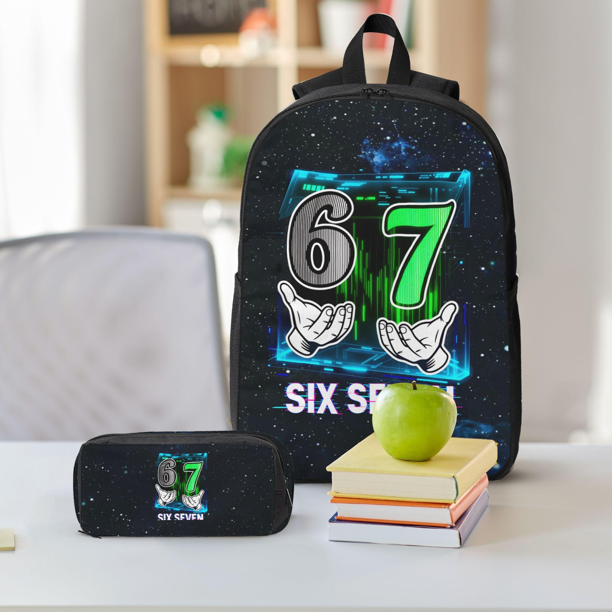 The "67" 3-Piece Backpack Set features a design adorned with the number "67," hand-gesture motifs, and a neon-lit, high-tech background. With its avant-garde style, it is the ideal choice for school or travel.
