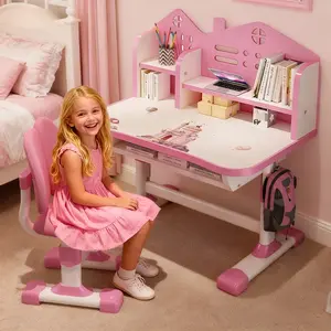 2025 New Updated Kids Desk and Chair Set, Height Adjustable Astronaut Pattern Children School Desk with Shelf & Large Drawers, Kids Writing Study Table for Boys Girls 3+