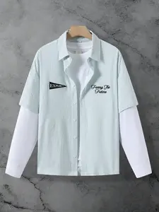 Men's Striped Mock Two-Piece Long Sleeve Shirt, Casual Street Style Y2K Print, Loose Shoulder Lapel, American Vintage Oversized Top