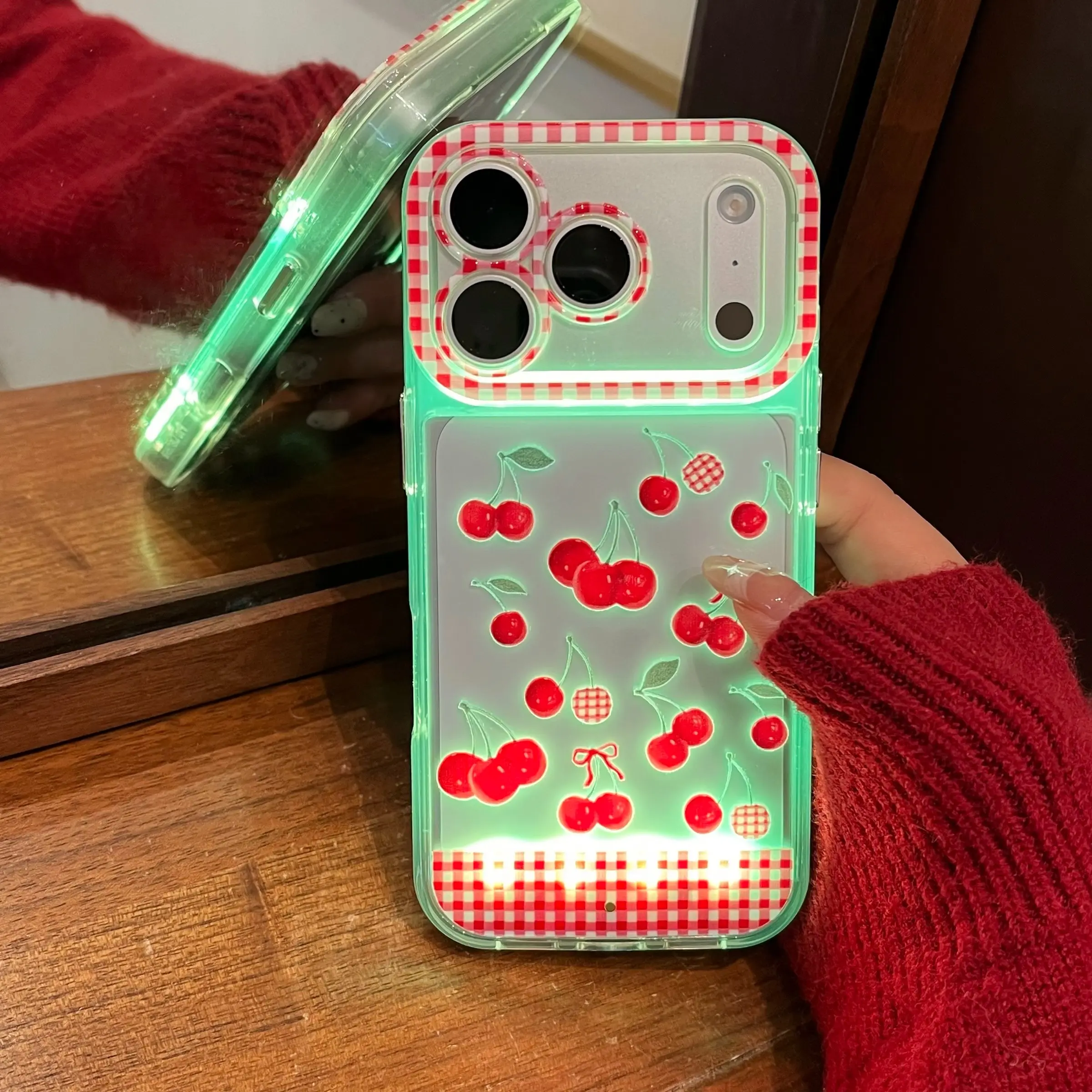 Cherry Bow LED Phone Case for iPhone 17-11 Pro Max, Unique Call Light Design, Voice-Controlled Glowing Protective Cover