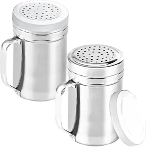 2Pcs Metal Salt Pepper Dredge Shakers, Stainless Steel Pepper Shaker Seasoning Jar with Handle, with Hole and Cover, Suitable for Pepper, Cinnamon and Coffee Spice Jars (Large-14Oz) COAUXOG
